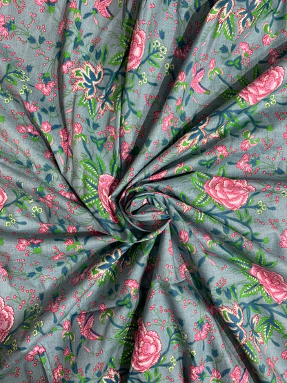 100% Indian Cotton Fabric - Turquoise With Pink Roses