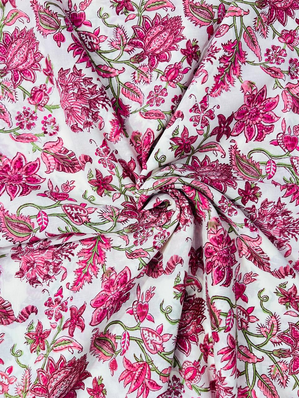 Indian Block Print Cotton Fabric - Pink & White