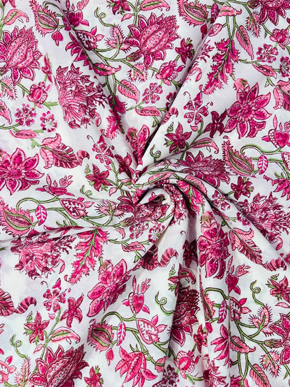 Indian Block Print Cotton Fabric - Pink & White