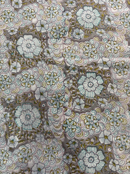 Indian Block Print Cotton Fabric - Khaki Retro Floral