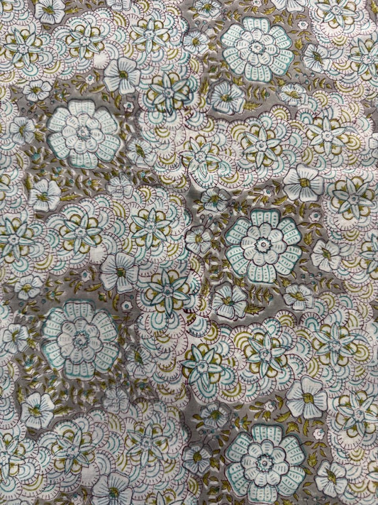 Indian Block Print Cotton Fabric - Khaki Retro Floral