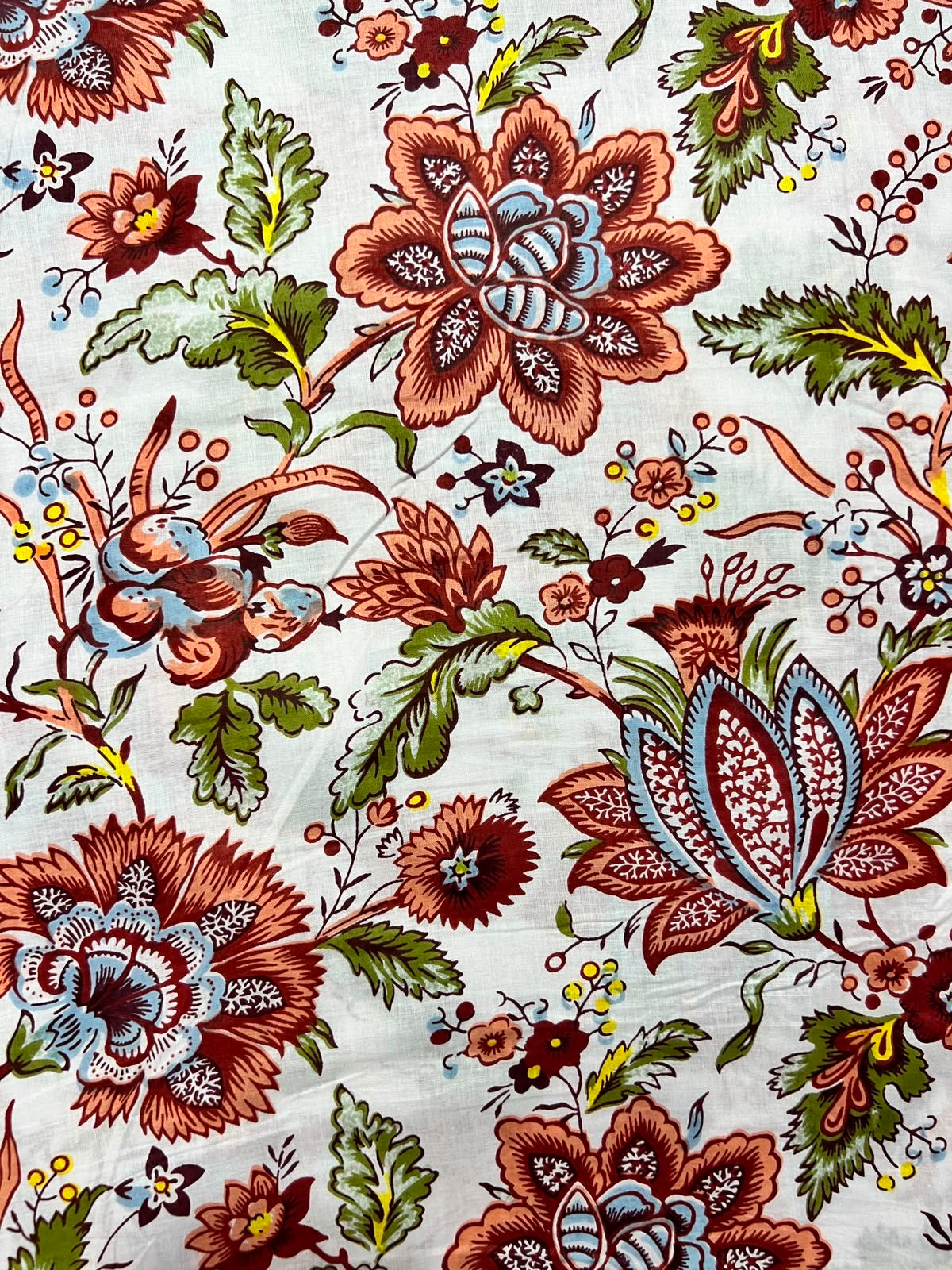 100% Indian Cotton Fabric - Autumn Floral on White