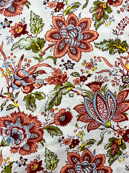 100% Indian Cotton Fabric - Autumn Floral on White