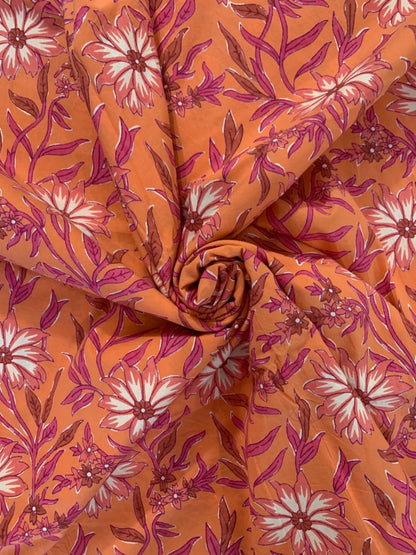 Indian Block Print Cotton Fabric - Orange With White Daisy & Pink Leaves
