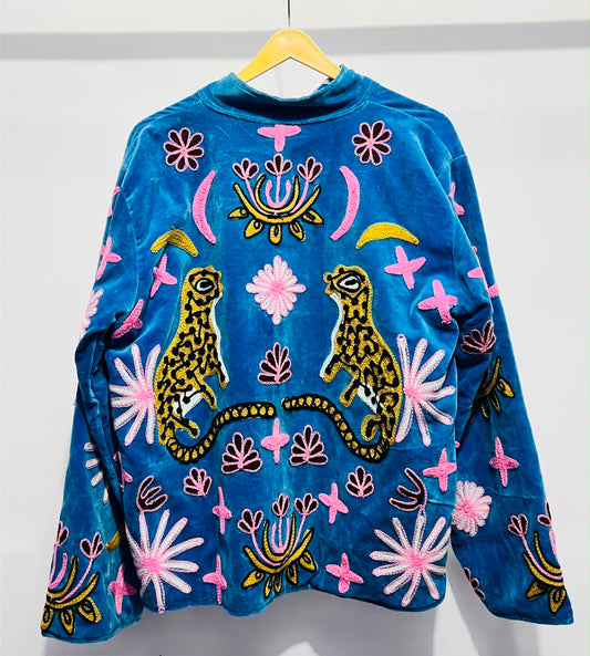 Jacket Velvet - Blue & Pink Leopard