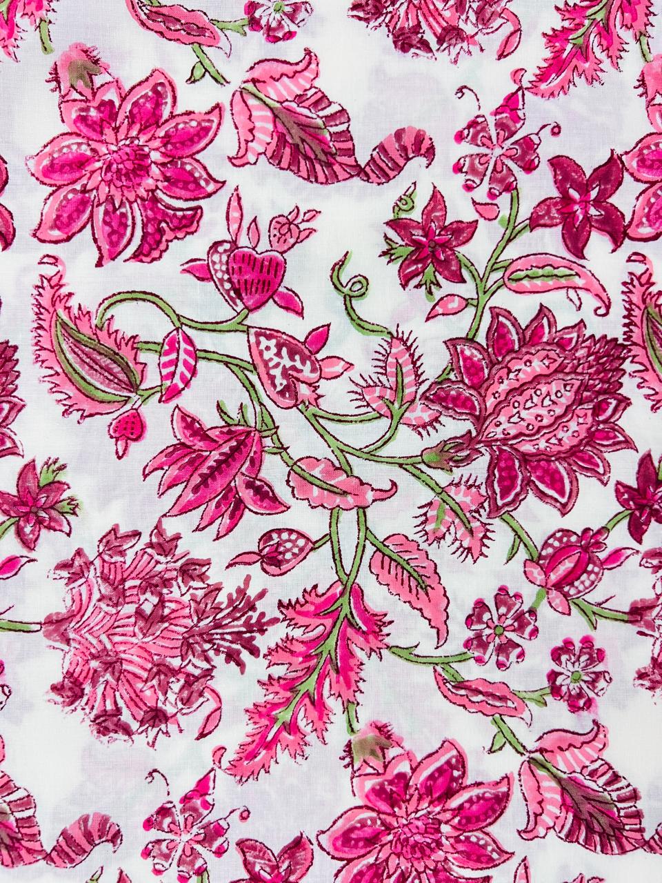 Indian Block Print Cotton Fabric - Pink & White