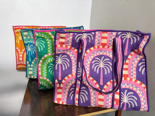Large Quilted Tote Bag With Zip - Purple & Pink Beach Vibe