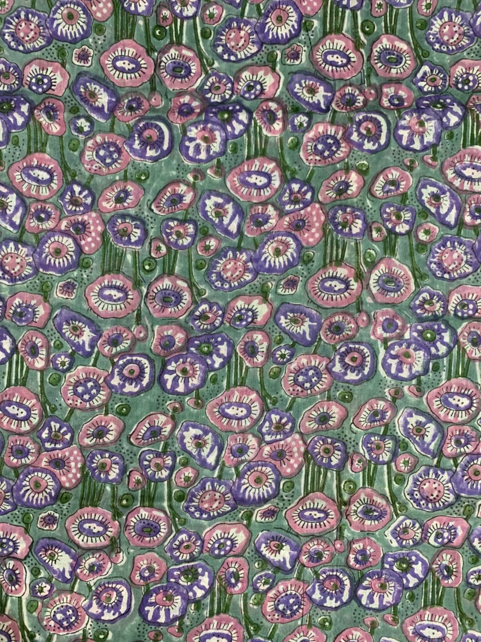 Indian Block Print Cotton Fabric - Turquoise with Pink & Mauve Poppies