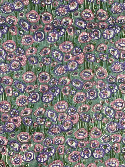 Indian Block Print Cotton Fabric - Turquoise with Pink & Mauve Poppies