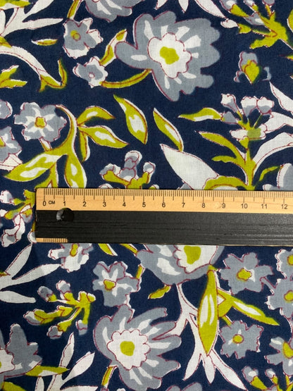100% Indian Cotton Fabric - Navy With Grey Floral