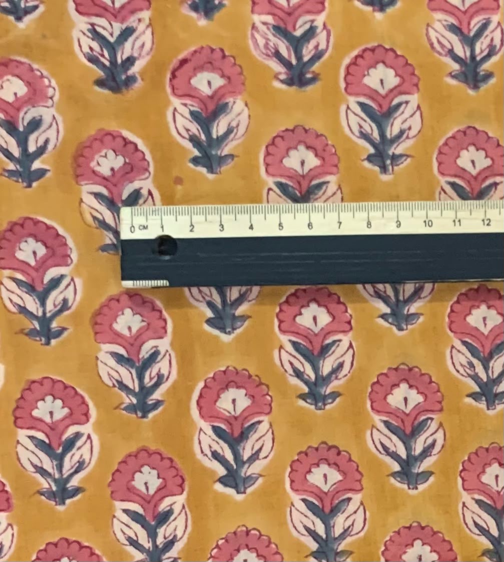 Indian Block Print Cotton Fabric - Mustard With Small Pink Floral