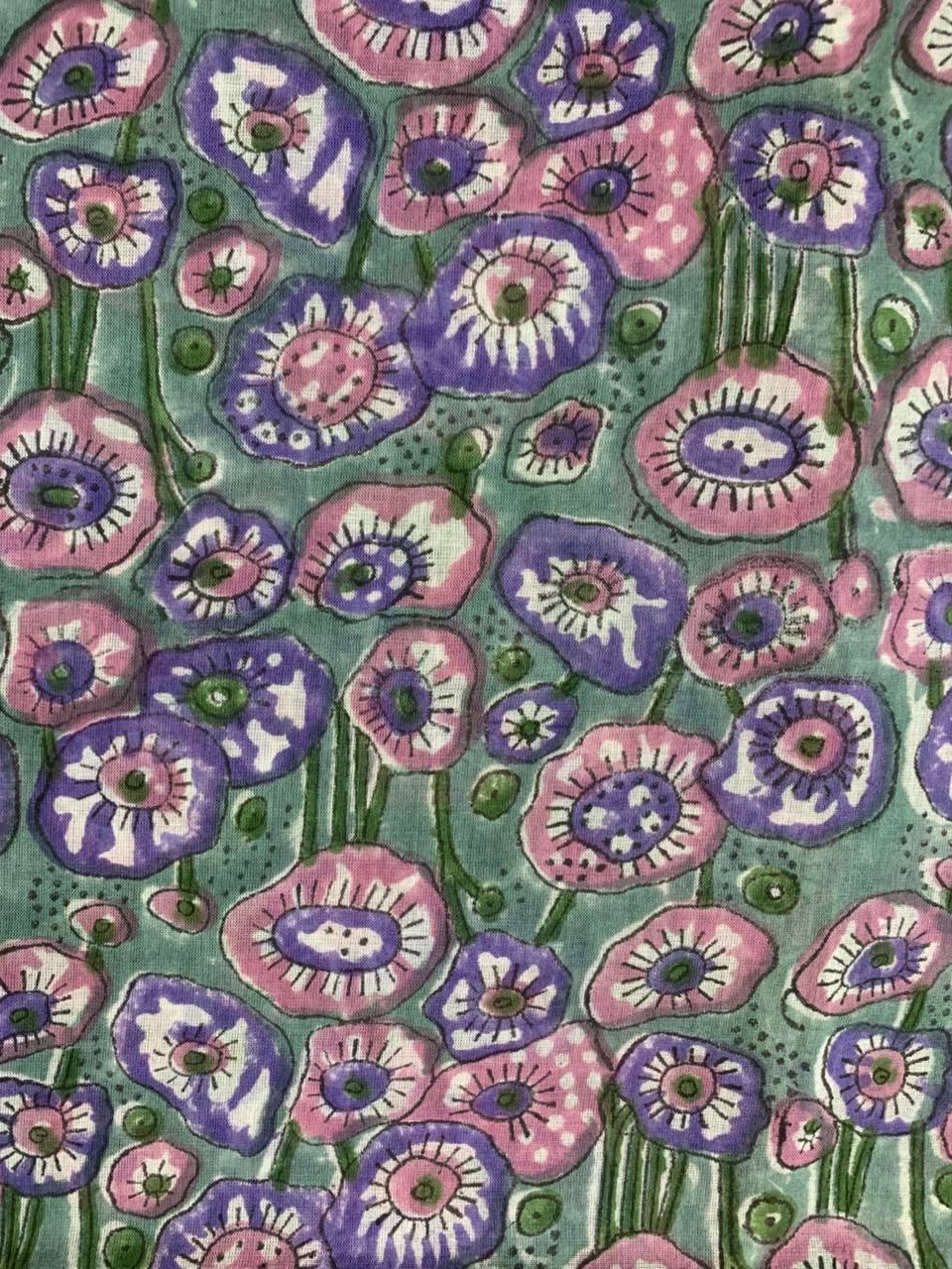 Indian Block Print Cotton Fabric - Turquoise with Pink & Mauve Poppies