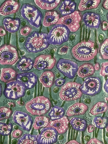 Indian Block Print Cotton Fabric - Turquoise with Pink & Mauve Poppies