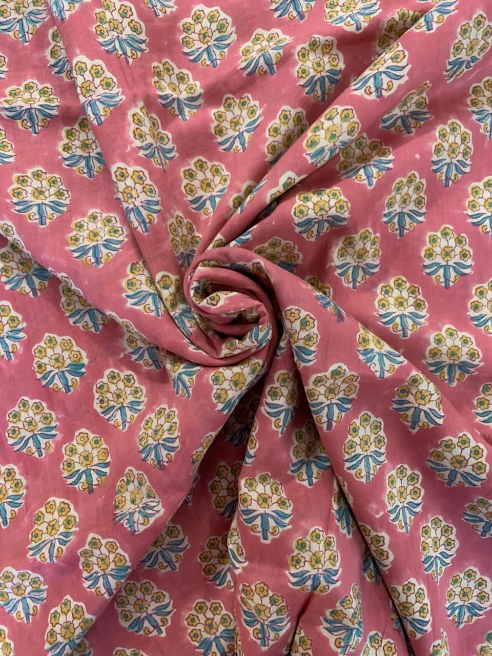 Indian Block Print Cotton Fabric - Coral With Small Yellow Floral