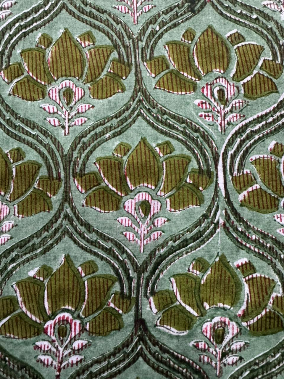 Indian Block Print Cotton Fabric - Green Lotus