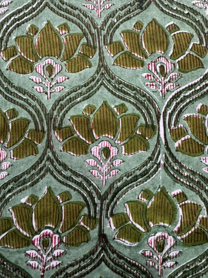 Indian Block Print Cotton Fabric - Green Lotus