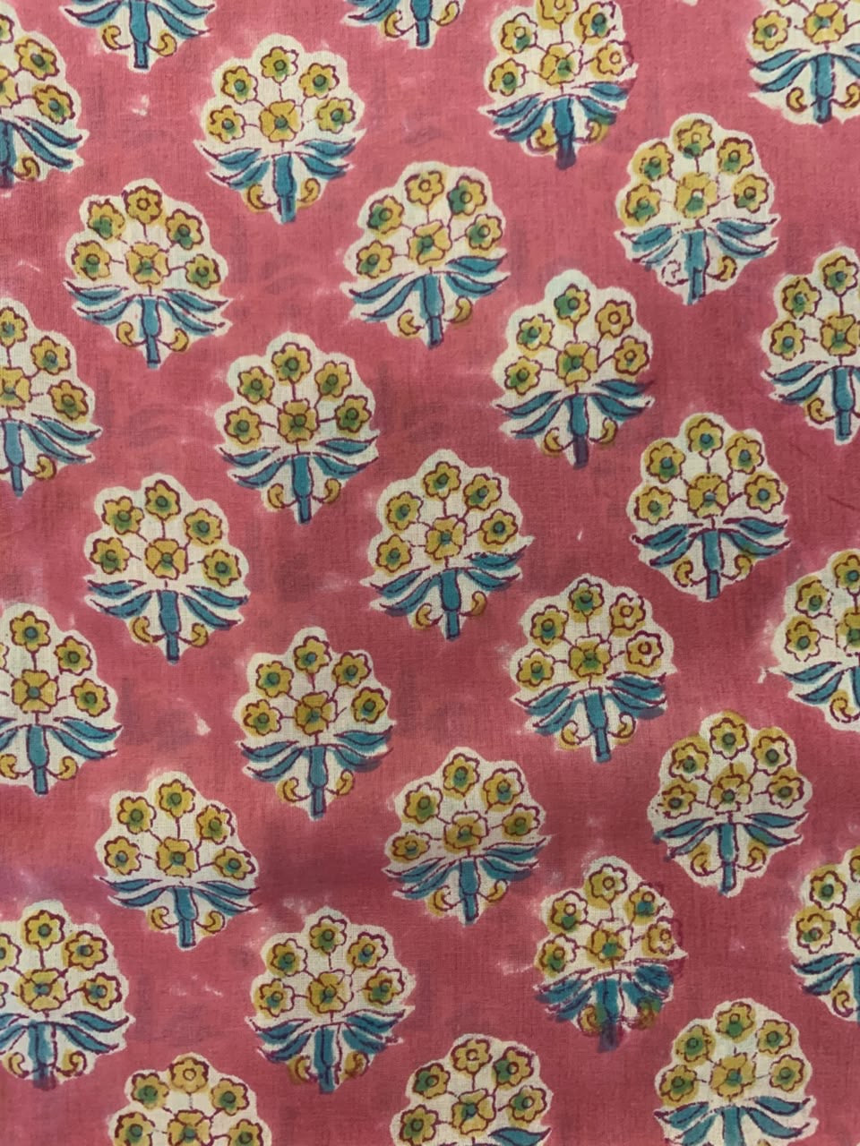 Indian Block Print Cotton Fabric - Coral With Small Yellow Floral