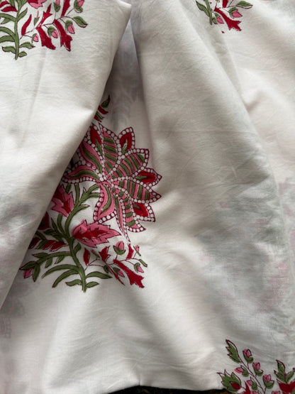Indian Block Print Cotton Fabric - White With Red Floral