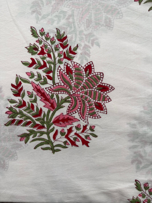Indian Block Print Cotton Fabric - White With Red Floral