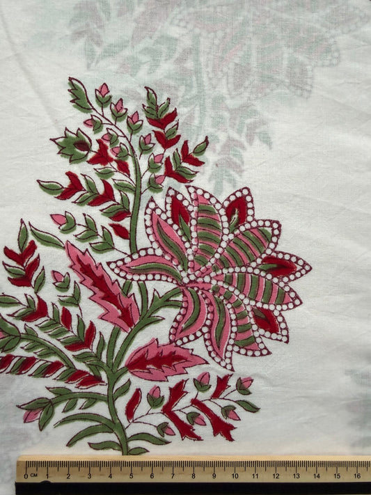 Indian Block Print Cotton Fabric - White With Red Floral