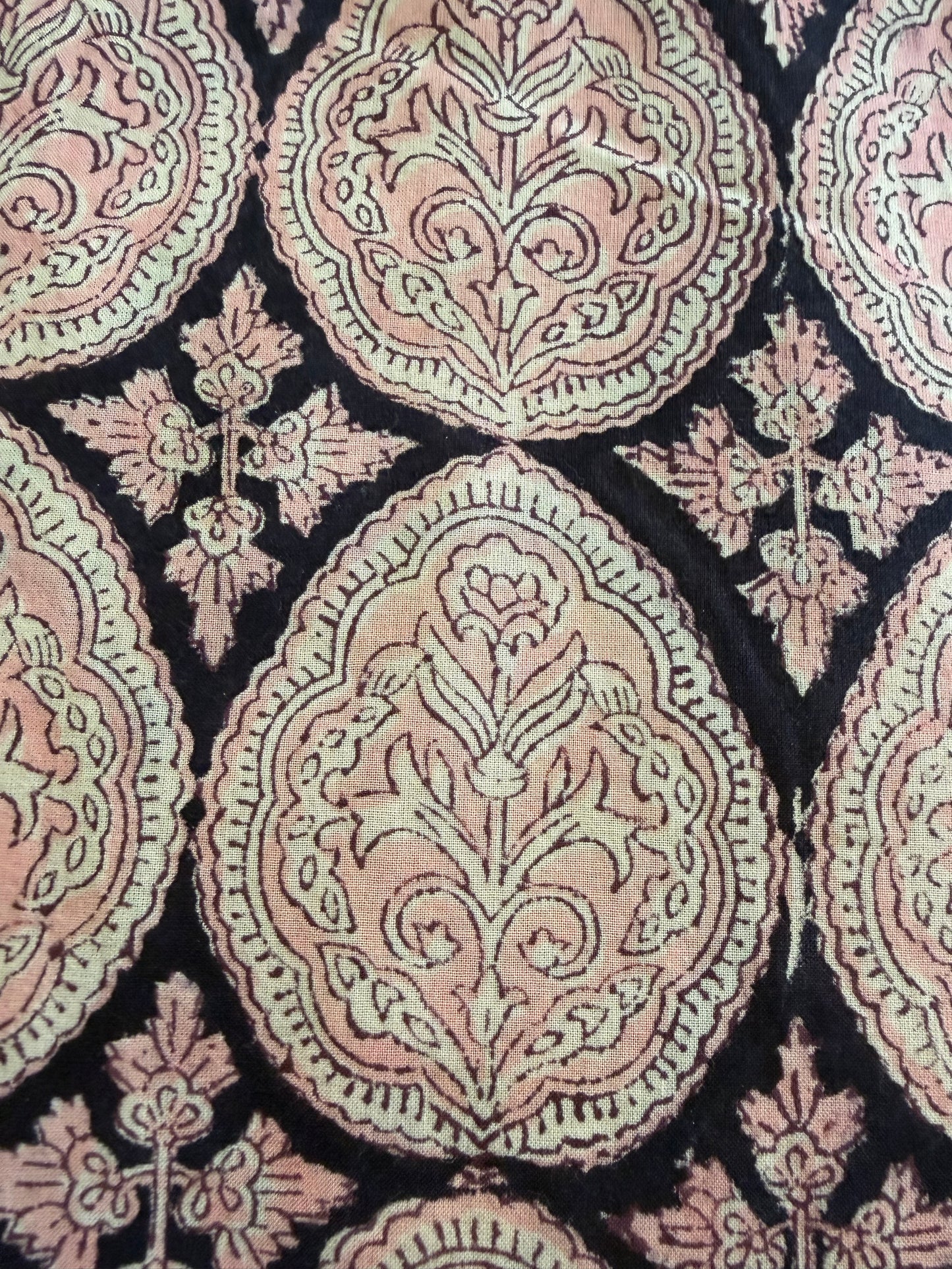 Indian Block Print Cotton Fabric - Black With Pink Paisley