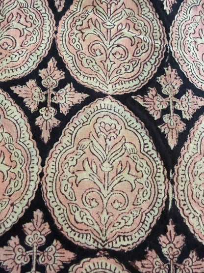 Indian Block Print Cotton Fabric - Black With Pink Paisley