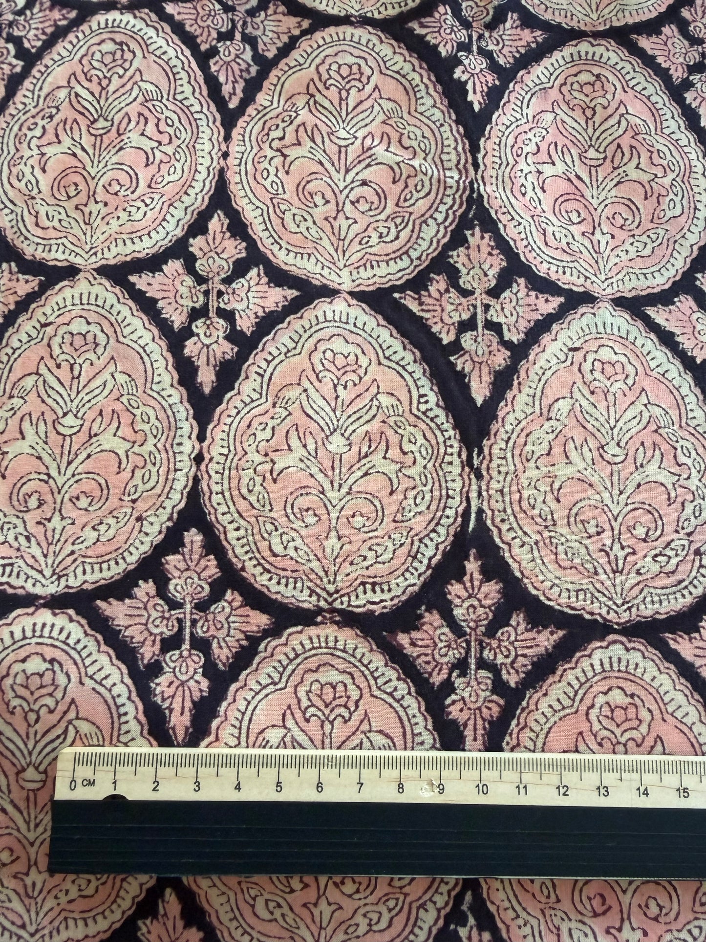 Indian Block Print Cotton Fabric - Black With Pink Paisley