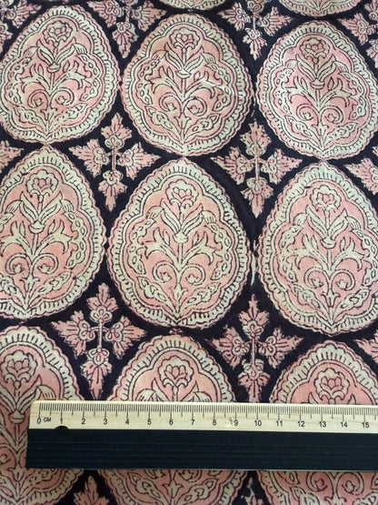 Indian Block Print Cotton Fabric - Black With Pink Paisley