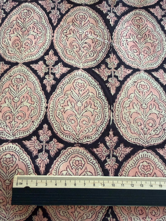 Indian Block Print Cotton Fabric - Black With Pink Paisley