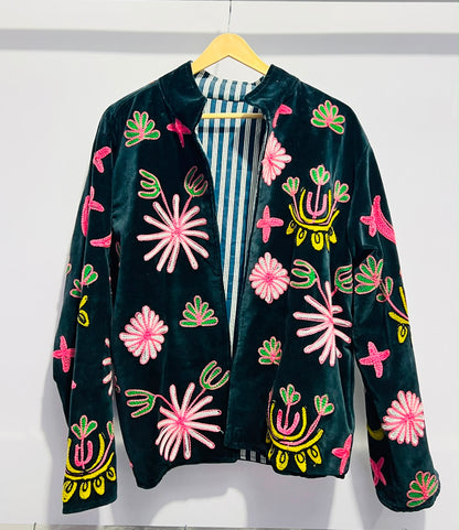 Jacket Velvet - Dark Green & Pink