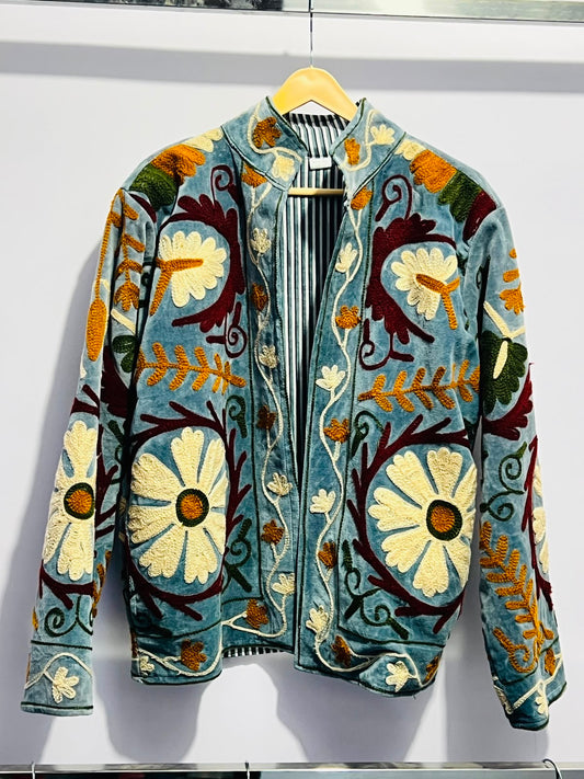 Jacket Velvet - Dusty Blue & Beige