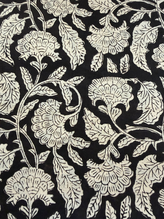 Indian Block Print Cotton Fabric - Black & White Floral