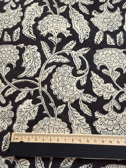 Indian Block Print Cotton Fabric - Black & White Floral