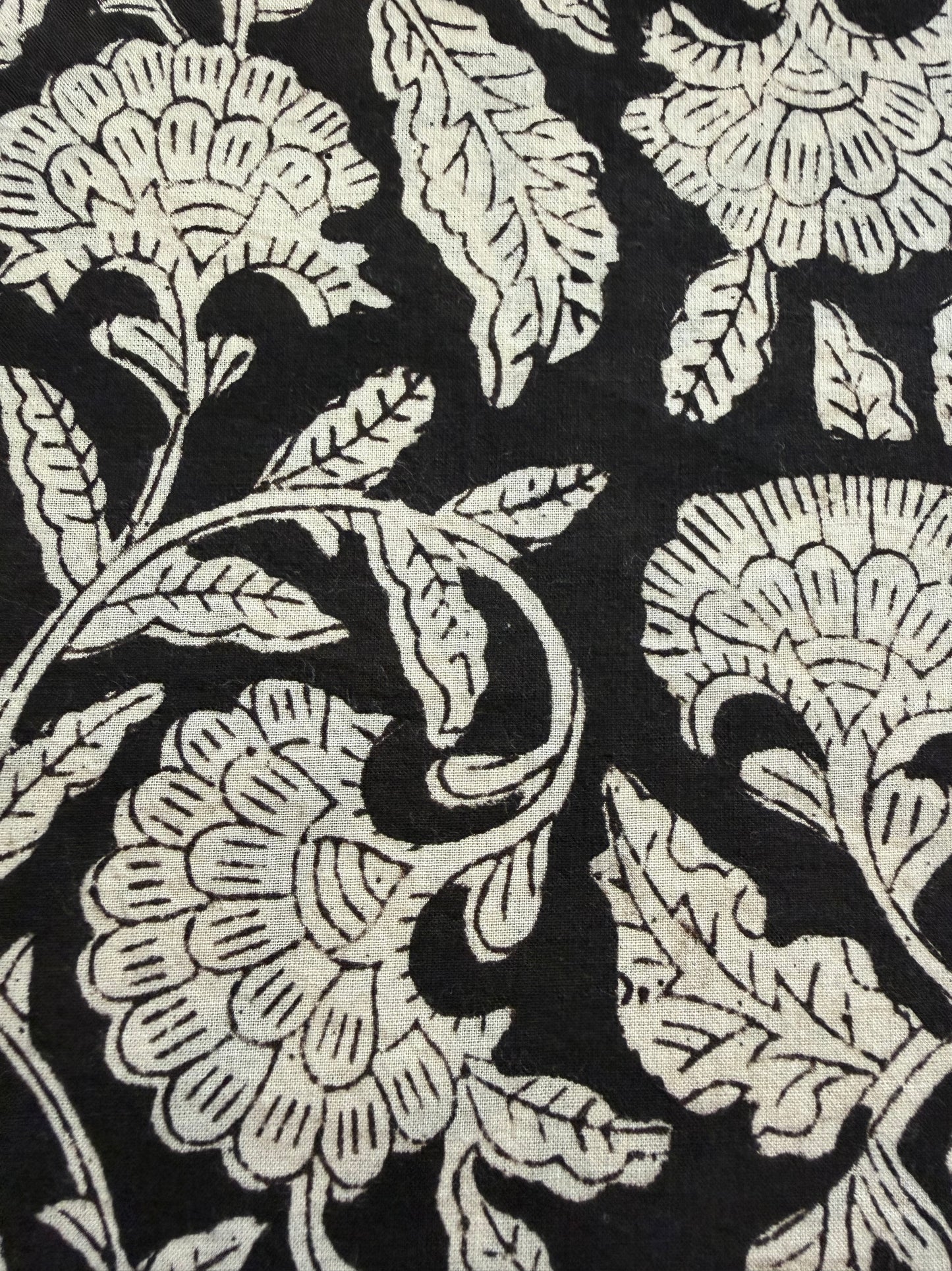 Indian Block Print Cotton Fabric - Black & White Floral