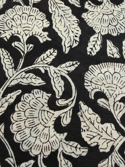 Indian Block Print Cotton Fabric - Black & White Floral