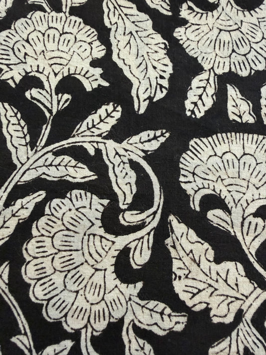 Indian Block Print Cotton Fabric - Black & White Floral