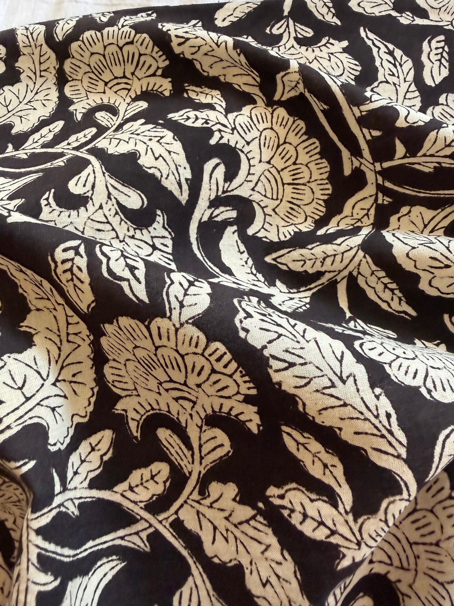 Indian Block Print Cotton Fabric - Black & White Floral