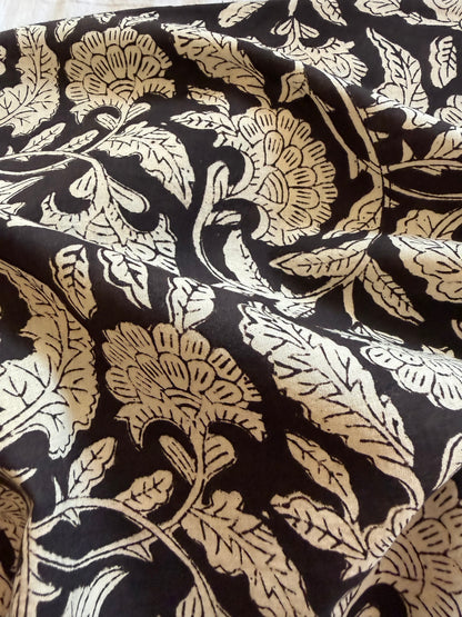 Indian Block Print Cotton Fabric - Black & White Floral