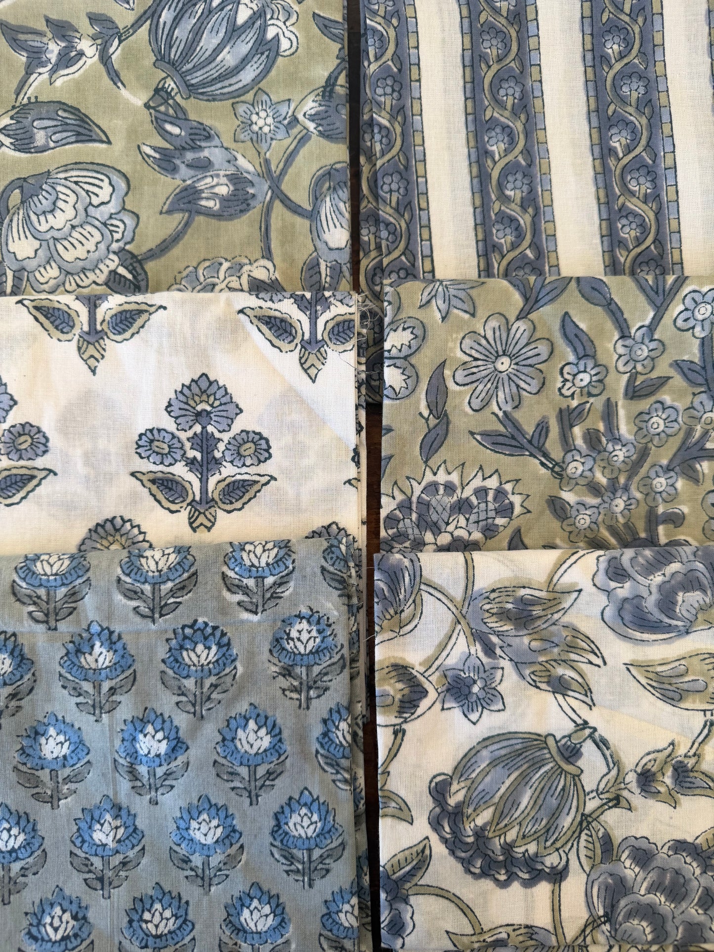 100% Cotton Block Print Fabric Bundle - Slate & Sage
