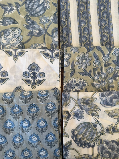 100% Cotton Block Print Fabric Bundle - Slate & Sage
