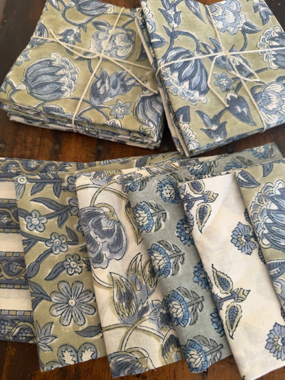 100% Cotton Block Print Fabric Bundle - Slate & Sage