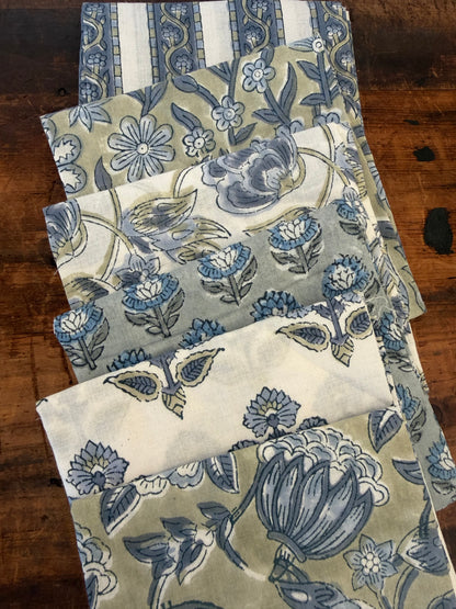 100% Cotton Block Print Fabric Bundle - Slate & Sage