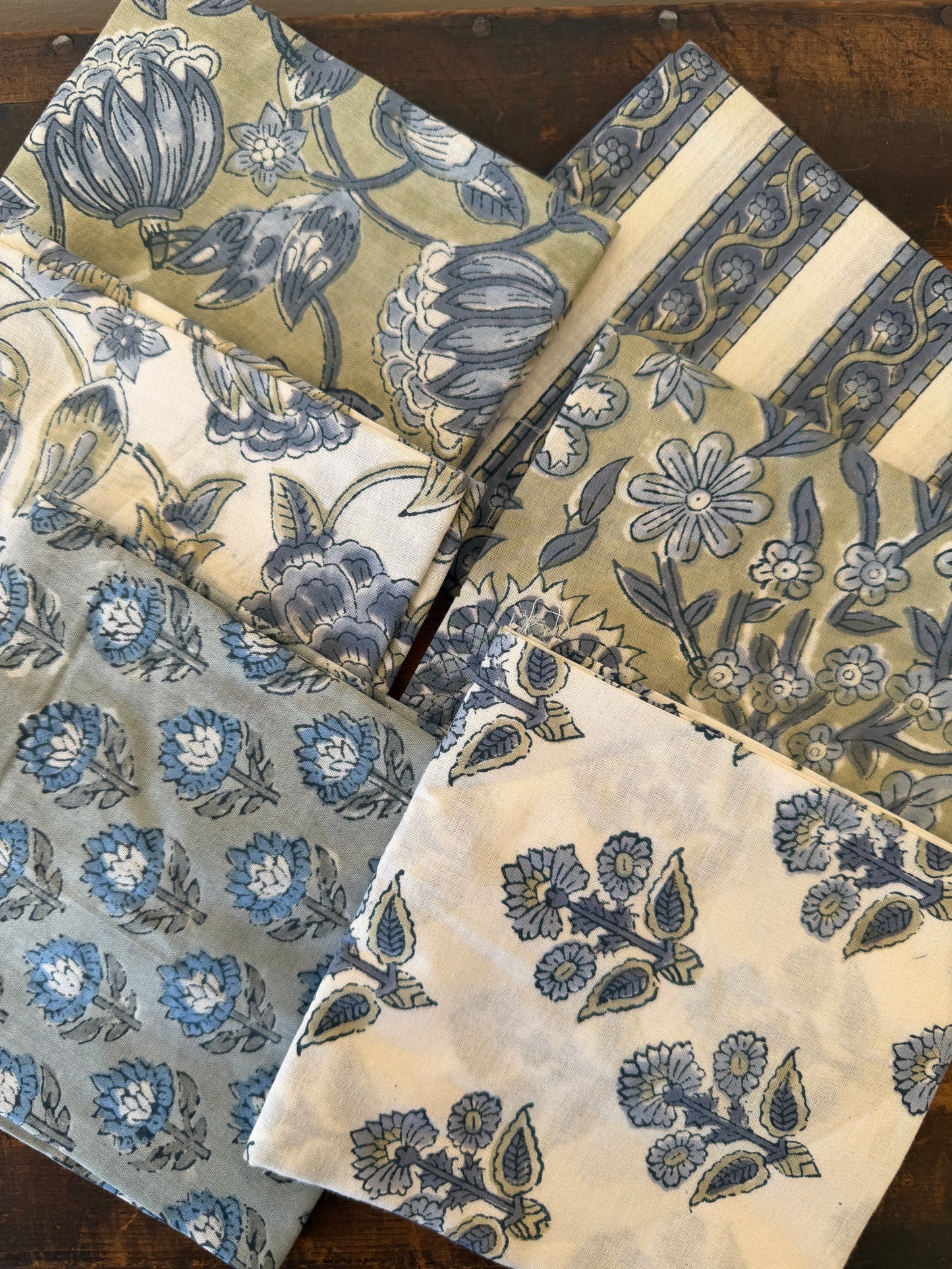 100% Cotton Block Print Fabric Bundle - Slate & Sage
