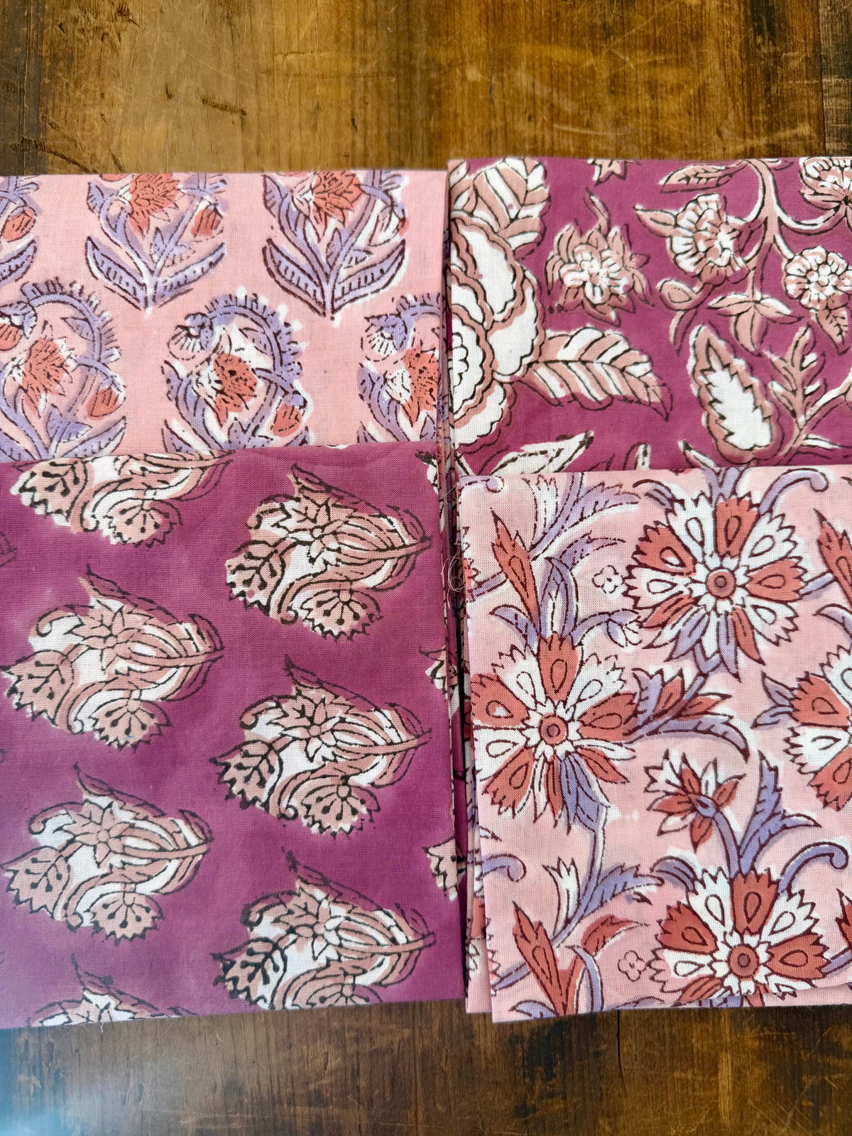 100% Cotton Block Print Fabric Bundle - Pink & Mauve