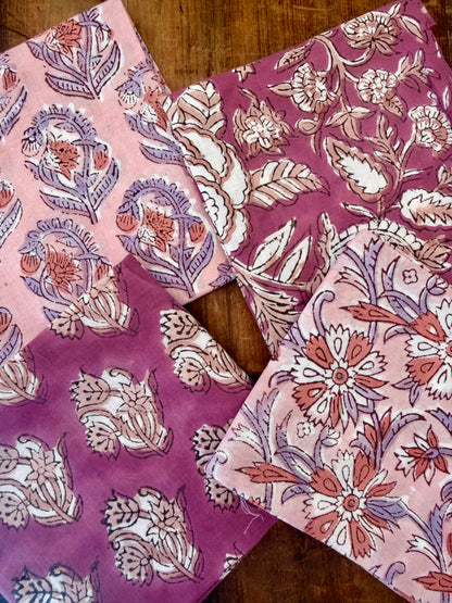 100% Cotton Block Print Fabric Bundle - Pink & Mauve