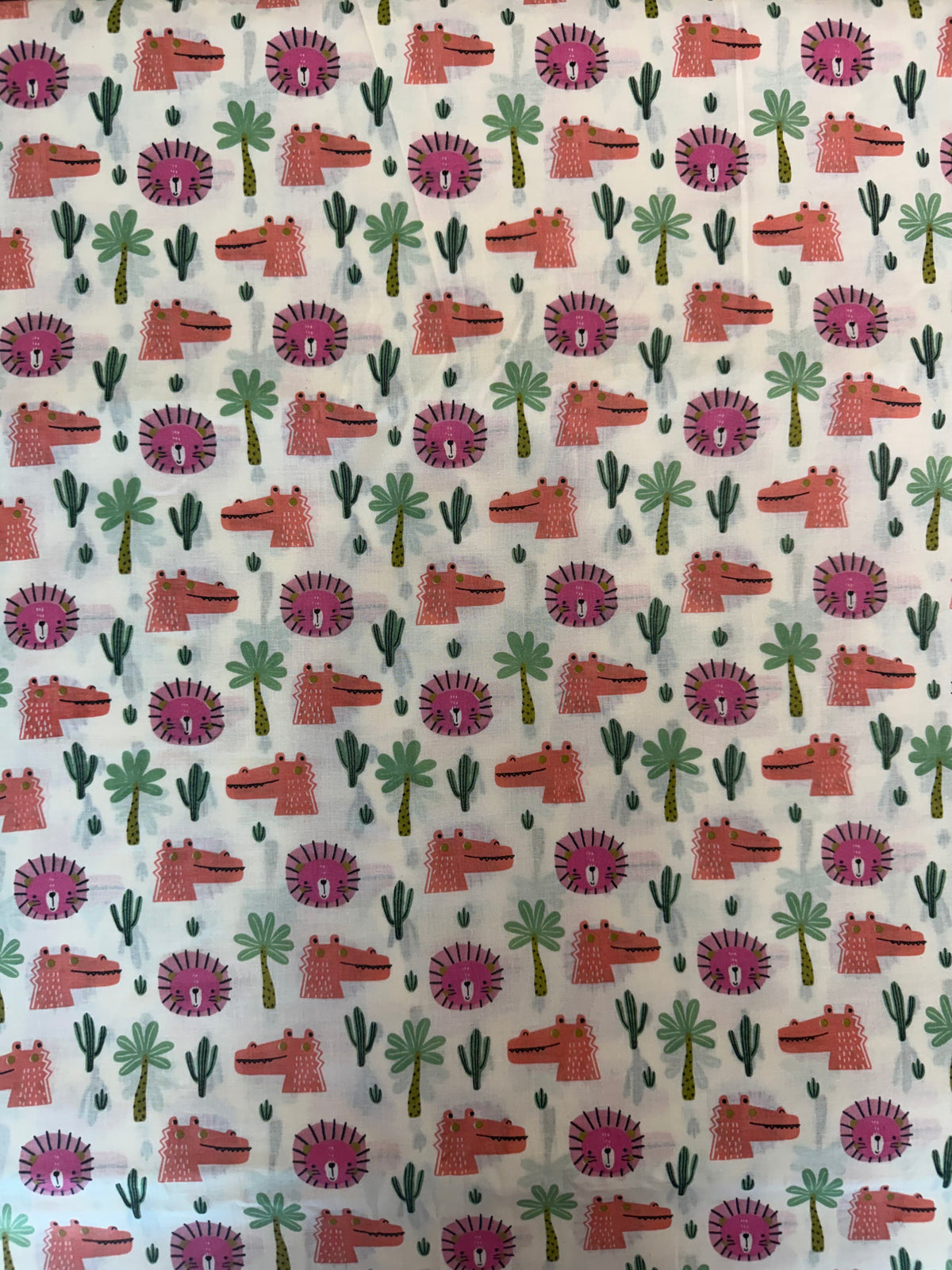 100% Indian Cotton Fabric - Lions & Crocodiles (Pink/Orange)