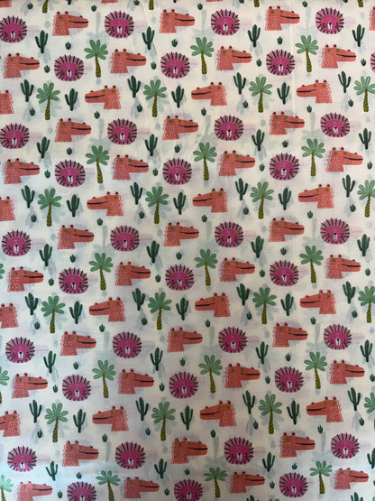 100% Indian Cotton Fabric - Lions & Crocodiles (Pink/Orange)