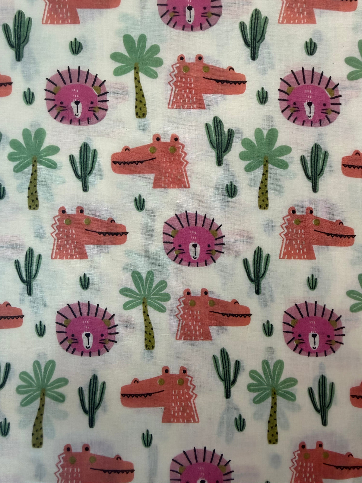 100% Indian Cotton Fabric - Lions & Crocodiles (Pink/Orange)