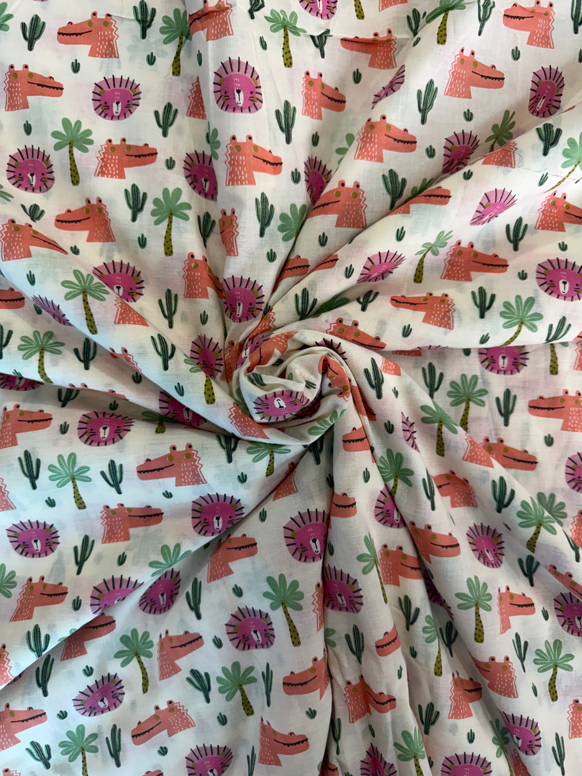 100% Indian Cotton Fabric - Lions & Crocodiles (Pink/Orange)