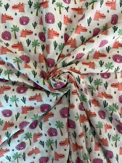 100% Indian Cotton Fabric - Lions & Crocodiles (Pink/Orange)